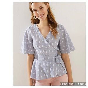 LOFT DOT STRIPE WRAP TEXTURED PATCHES FLUTTER SLEEVE STRIPE BLOUSE